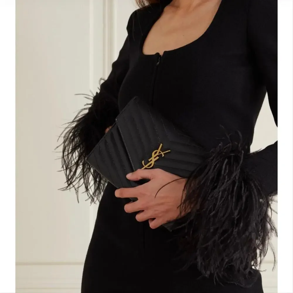 SAINT LAURENT monogram quilted leather envelope pouch wristlet clutch
